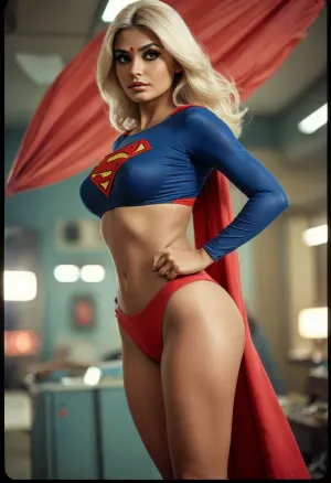 Movie poster for a 1960s SciFi movie version of the supergirl, sexy desi superhero, Indian, Pakistani, bleach blonde hair, cleavage, sexy legs, huge breasts, toned ass, massive tits, huge milkers, toned legs, black hair, <lora:MJ52:.8>