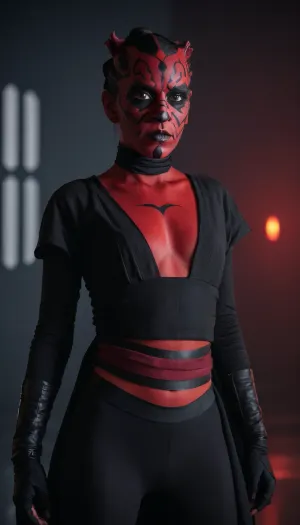 (Female darth maul cosplay:1.2), black hair ponytail, on Death Star, flat, chested, <lora:flat_chested_v3.5:.8>