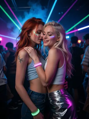 Ultra detailed depiction, professional photograph, realistic, perfect composition of lights, clear focus.
Two girlfriends sharing a joyful, electric moment together in the middle of a rave party.
A striking young woman stands close behind and slightly to the side of her friend, her head leaning in close behind her friend's ear, her face partly hidden by her friend's hair. 1redhead, 1platinium blonde.
Her friend tilts her head back slightly, caught in an amused, knowing laugh, eyes softly closed, a warm genuine smile on her lips.
Their hands rest gently on each other, hands on shoulder and hip, both relaxed and affectionate.
Both women have soft curved lines of glowing neon face paint across their cheeks and temples, catching the surrounding lights, along with small delicate tattoos visible on their shoulders and arms.
They have long, wild, tousled hair with a few colorful streaks catching the neon light.
They wear sleeveless crop tops and high-waisted shorts in bright reflective fabric, small glow bracelets stacked on both wrists.
Around them, a dense crowd of dancers is blurred in motion, illuminated by sweeping colorful stage lights in electric blue, magenta, and green.
Beams of laser light cut through a light haze of stage smoke drifting through the air.
The lighting is dramatic and colorful, strong contrasts between deep shadow and vivid glowing neon light across their faces and skin.
Shallow depth of field, the crowd and lights softly blurred behind them, sharp focus on both faces.