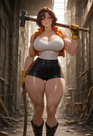 masterpiece, best quality, absurdres, newest, highres, very aesthetic, 1girl, solo, mature female, adult, muscular, muscular female, athletic, defined muscles, abs, biceps, thick thighs, narrow waist, large breasts, shiny skin, short messy hair, brown hair, amber eyes, beautiful detailed eyes, sweat, glistening skin, construction worker, orange safety vest, white tank top, tight shorts, work gloves, steel-toe boots, standing, holding sledgehammer, sledgehammer, looking at viewer, confident expression, smirk, construction site, scaffolding, concrete, rebar, dusty air, industrial, outdoors, daytime, dramatic lighting, rim light, depth of field, detailed face, detailed eyes, detailed hands, intricate details