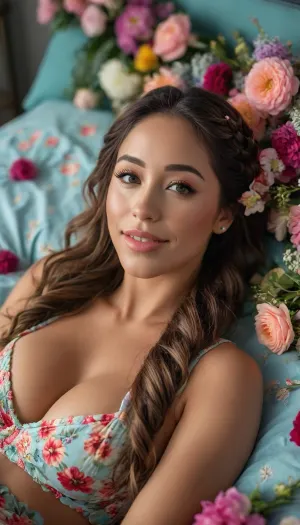 Ultrarealistic, 30 year old, (Eva Lovia:1.5), athletic physique, long braided hair, very large breasts, full makeup, smiling at viewer, perfect teeth, lying on a large bed of flowers. Hand behind her head, Wearing a floral lingerie. Excessive flowers. Flowers all over her, bouquets, dreamy, close up. Top angle. Dutch Angle., <lora:MJ52:.8>
