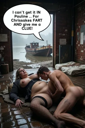 Caravaggio chiaroscuro lighting, cinematic masterpiece, hyper-realistic 8k UHD, highly detailed, sharp focus, close-up, a gritty riverside warehouse on the Thames at low tide, old damp red brick walls, wet glistening cobblestones, thick oppressive fog, backdrop of fog-bound mud and beached rusted barges, open warehouse doors, a dirty stained mattress lying in the doorway, Pauline a morbidly obese homeless woman with an enormous fat body and massive sagging breasts lying on her back, wearing a faded black basque and torn laddered fishnet stockings, thick meaty thighs, a skinny 30-year-old man in a dirty undershirt positioned between her thighs trying to fuck her in the missionary position, man's backside pressing into her crotch, her rolls of fat swallowing his posterior, man struggling and straining, pussy completely obscured by the man's body, muted earthy tones, deep shadows, dramatic high contrast, raw urban decay, atmospheric gloom, a large speech bubble pointing to the man saying "I can’t get it IN Pauline .. For Chrissakes FART and give me a CLUE !" In clear legible font.
