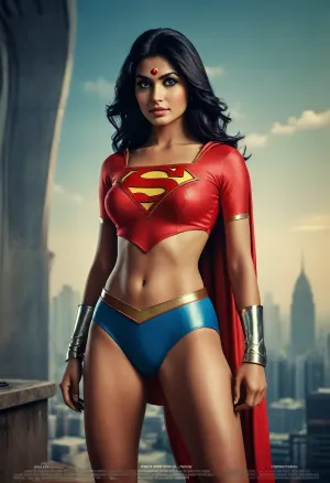 Movie poster for a 1960s SciFi movie version of the supergirl, sexy desi superhero, Indian, Pakistani, cleavage, sexy legs, huge breasts, toned ass, toned legs, black hair, <lora:MJ52:.8>