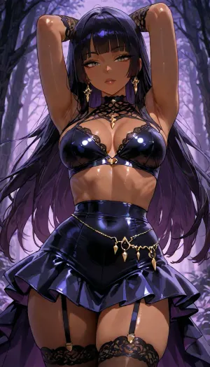 25 year old dark skinned Filipina wife beautiful gorgeous ready for sex, ((dynamic pose portrait)), petite athletic toned firm body, purple goth badass witch, ethereal forest whimsy aesthetic, short nano skirt, goth lace and satin, ((futa)), <lora:add-detail-xl:1.2>, <lora:attractive_notrigger:1.2>, <lora:detailed_notrigger:1.2>, <lora:LCMTurboMix_Euler_A_fix:1.2>