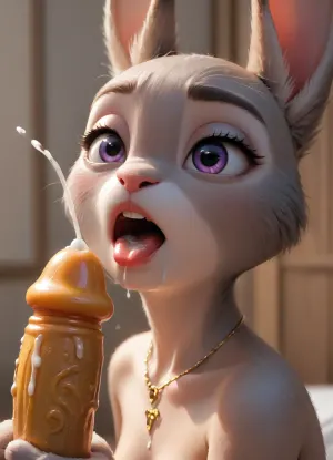 🪄🐶💋, Judy Hopps, topless, side view, sloppy open mouth with cum, penis head cumming in mouth, cum in mouth, tongue out, flesh, saliva strings, cum strings, excessive saliva, drooling, cumshot in open mounth, cum on face, small breasts, ((makeup:1.5), long blue eyelashes, olive eye shadow with sequins), large plump lips bimbo in red lipstick with a glossy wide pink outline, necklace, (the silhouette and contour of the chest and boobs with nipples are visually available), thick eyelashes, expression bright and adoration, detailed fur, close up, soft lighting, Hyper-realistic photograph of a fine Judy Hopps, 8k. A delicate erotic Judy Hopps, full body view, squatting on a gold dildo, hello boring slave, show me the lipstick on the lips that the girl has between her legs, a beautiful pubis, legs, parted lips for show, jxdhxps, character, <lora:Animated_Concept:.8>, <lora:Judy_Hopps_Xl-000002:2>