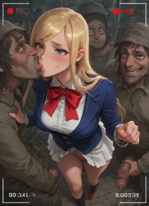 from above, Nsfw, gangbang, enf, perfect face, holding penis, (kissing:1.3), pussy, (fighting pose:1.3), masterpiece, (big eyes:1.3), (the girl is 18 Years old French girl dressed in no panties and white skirt and Navy blue blazer and white shirt and red bow tie and Black socks and red shoes and Silver ring bracelet), (nipple:1.2), medium breast, blue eyes, (blonde hair:1.3), (forehead:1.3), (swept bangs:1.4), long hair, (natural straight hair:1.3), blushing, (orgasm), (crying:1.4), French face, furrowed brow, (medium breast), walking, long shot, city street, (recording:1.2), (homeless man:1.6), (homeless oldmen crowd:1.4), (the girl is excessive kissing:1.5), grabbing penis, scared Up skirt, (the smiling homeless man is dressed suit:1.3), (homeless man is excessive forced kissing:1.3), (excessive deep throat:1.4)