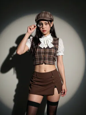 masterpiece, best quality, ultra-detailed, 1girl, solitary, east asian face, long dark hair, brown plaid flat cap, detective style, holding small magnifying glass in front of eye, peering through lens, brown plaid cropped vest, white ruffled collar, large white bow tie, brown miniskirt with buttons, sheer black thigh-high stockings, standing, studio setting, dramatic spotlight circle backdrop, large dark shadow cast on wall behind subject, high contrast lighting, photorealistic, 8k resolution, professional studio photography