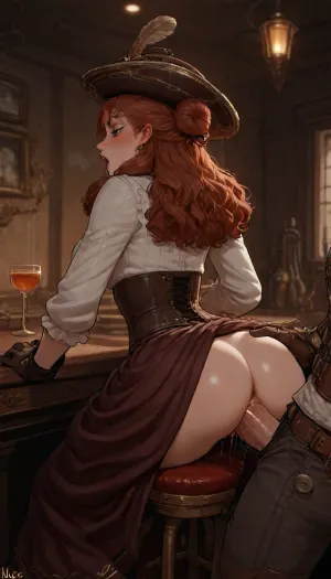 (((incase style, art of incase))), ((scene a high class steampunk bar.)), ((a high society lady is sitting on a barstool and getting her ass fucked by a Gentleman)), (she has her brown curly hair in an updo. She wears a long, expensive, voluminous victorian dress and corset, gold and ruby jewelry, gloves and a ladies hat. She is holding a glass of liquour and moaning), (he is wearing a steampunk suit and a tophat is and standing behind her), (his cock is deep in her asshole), (realistic, directional lighting. High detail), green, eyes, blue, brown, perfecteyes, steampunk, <lora:sd_xl_dpo_lora_v1:1>, <lora:PerfectEyesXL:1.3>, <lora:detailed_notrigger:2>, <lora:hinaTuningFaceDetailer_SDXL-v2-rank256-pruned:1.2>, <lora:SteampunkXL_V1:.8>