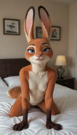 (Furry, fox-rabbit hybrid from "Zootopia":1.7), ((Disney)), solo, bedroom, nude, extreme aheago.