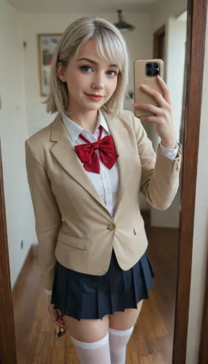 1girl, solo, young woman, long straight silver hair, ahoge, side-swept bangs, fair skin, blue eyes, slight smile, looking at viewer, mirror selfie, beige school blazer with gold trim, white collared shirt, large red bow tie, black pleated skirt with white stripes, white thigh-high stockings, brown loafers, holding Absolut vodka bottle, holding smartphone, indoor room, photorealistic, highly detailed, sharp focus, best quality, masterpiece, ultra realistic