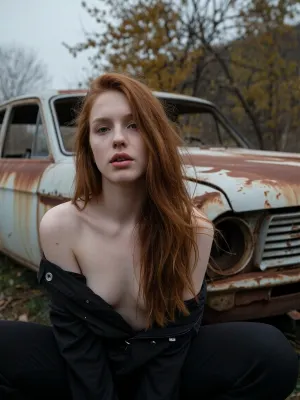 close-up of a young woman as squats facing the viewer, clothing loose and open, expression distant and languid, long redhead hair loose and windswept, black clothing dissolving into the dark foreground, An old rusted abandoned car, the car heavily rusted, pale paint peeling, the car filling the background behind her, overcast flat grey sky, bare autumn trees dissolving into soft bokeh, cool and muted tones, rust and pale grey palette, analogue film, heavy grain, scratches and film imperfections, Kodak Portra 400 underexposed, cool and melancholic, shallow depth of field, the woman sharp against the soft dissolved background, quietly devastated, the rusted car as metaphor.