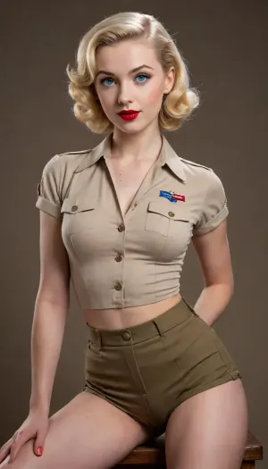 fully clothed, uniform cute, beautiful 18 year old pinup girl photograph, short hair in 1940s style, named Greta, with pale skin and large expressive bright blue eyes, very skinny, tiny breasts, petite figure, lusty red lipstick, sexy, ultra realistic blonde pinup girl, realistic sexy pose, patriotic propaganda, ww2 war moral poster, full body view