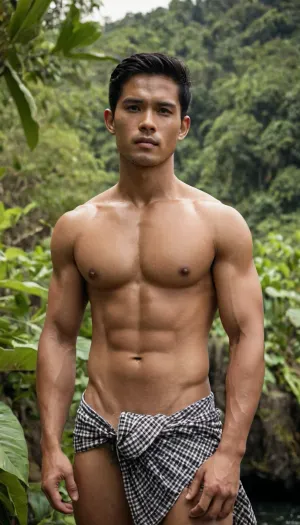 A man, 25 years old, Malay, handsome, mesomorph body type with chiseled chest, light skin, short black hair, shirtless, bodies glisten with sweat.

He is wearing a checkered sarong.

Striking confident poses.

In the village, on a sunny day.