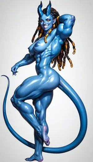 sideview frontal, Androgynous-horned demoness very long female avatar with longer legs, twerking over viewer, (hyper muscular:1.2), Avatar navi-alien with blue skin, bodybuilding-female-navi, solo, pursed full lips, masterpiece, best quality, sexy detailed eyes, realistic bright smirk, explicit, sexy demonmorph, showing her very muscular broad horns, perfect white teeth, long blue tail, long thin legs, very muscular round breasts, very wide shoulders, shiny blue skin, very tall and muscular futanari with golden dreadlocks, crisp focus, 32K, UHD, huge futa-cock, <lora:bodybuilder:.8>, <lora:style_lora_realis:1>, <lora:Ronal_SD_XL:.8>