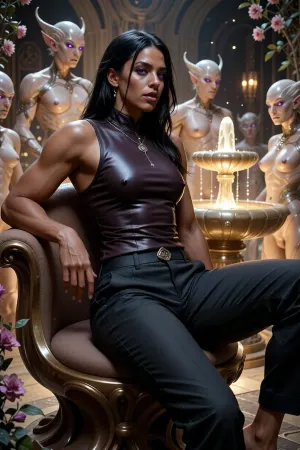 A tall, powerful 28-year-old woman with dark brown skin, a toned and lithe muscular build, and long dark hair, as observed from Picture 2, wearing a fitted dark silk sleeveless tunic and tailored trousers. She sits regally on a throne crafted from smooth, warm, living organic forms, her posture relaxed and authoritative, one arm draped comfortably over the curved, plush armrest, her head held high, neck and shoulders visible, her bright purple eyes gazing out with a calm, possessive expression. Around her throne, several Libidomorph figures stand with graceful, unhurried purpose, their skin emitting a soft golden luminescence, their expressions serene and devoted, their eyes containing brilliant violet flecks. They are arranged respectfully, acting as extensions of her will, while the surrounding environment of Mammapolis pulses with a gentle, internal light, the air filled with the scent of blooming flowers and a sense of profound tranquility. In the background, a central fountain glows with a steady, peaceful golden light, its fluid motion calm and rhythmic. Soft, warm ambient light illuminates the scene, catching the subtle textures of the organic throne and the luminous skin of the gathered figures, creating a rich, atmospheric, and harmonious mood. The composition is a medium-wide shot, capturing the central figure on the throne in sharp focus, with the surrounding attendants and the glowing environment providing depth and scale. Photorealistic drawing style, supreme 32K render, intricate details, perfect contrast, cinematic lighting, octane-engine rendering.