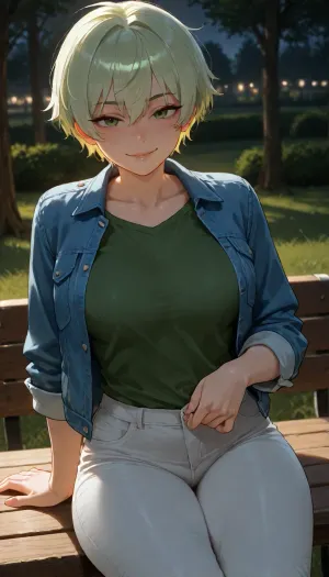 Female, solo, tomboy, fair skin, short height, medium light green hair, freckles on face, big green eyes, wearing blue denim jacket with green shirt and white pants, small boobs, naughty smile, one hand unbuttoning pants, looking at viewer, sitting on bench, in park, at night, very low lighting