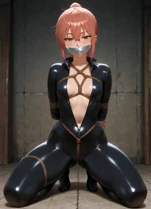 (((Kobayashi from Miss Kobayashi's Dragon Maid))), short ponytail, (((beautiful brown eyes, glasses))), tiny breasts, flat chest, ((kneeling on the stone floor in a dark messy basement)), high stone walls, no windows, spread legs, her arms are bound tightly behind her back, (((she is wearing a shiny black catsuit that is zipped down))), ((brown rope shibari harness)), (((silver duct tape covers her mouth))), (seductive look at viewer), front view, cold lighting, low light, correct human anatomy, full body shot, beautiful, masterpiece, best quality, highres, photorealistic, anime style