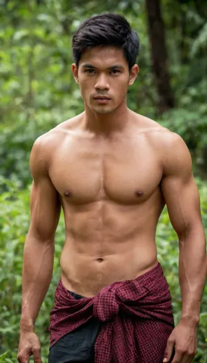 A man, 25 years old, Malay, handsome, mesomorph body type with chiseled chest, light skin, short black hair, shirtless, bodies glisten with sweat.

He is wearing a checkered sarong.

Striking confident poses.

In the village, on a sunny day.