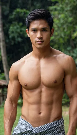 A man, 25 years old, Malay, handsome, mesomorph body type with chiseled chest, light skin, short black hair, shirtless, bodies glisten with sweat.

He is wearing a checkered sarong.

Striking confident poses.

In the village, on a sunny day.