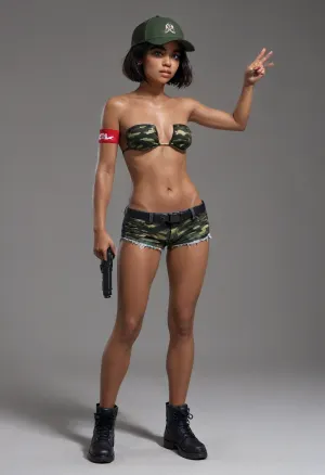 ((No backgroung, full body, half profile view)), a beautiful, angry looking, small and slender 18yo woman, with crimson bob cut, (dark tanned skin:1.99), tiny tits, in a strapless military camouflage bikini with small shorts, a red armband with a white circle and a swastika, a cap, a gun belt and long black shiny boots walking along, holding a ak47ru machine gunin her hand, ((her right arm and hand are stretched out up to the height of her eyes)), ak47r, ak47l, ak4rs, ak47ls, ak47ru, ak47lu, ak47rd, ak47ld, ak47rfs, ak47lfs, <lora:detailed_notrigger:1.1>, <lora:ahxl_v1:.8>, <lora:AK47_1:.8>