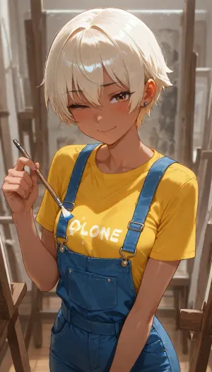 Female, solo, medium height, skinny, tomboy, dark skin, wearing blue denim overalls and yellow t shirt underneath, small boobs, short blond hair, painting on canvas, brush in hand, paint on cloths, small earrings, in small room, surrounded by canvas paintings, alone, behind canvas, winking, shy smile, looking at viewer