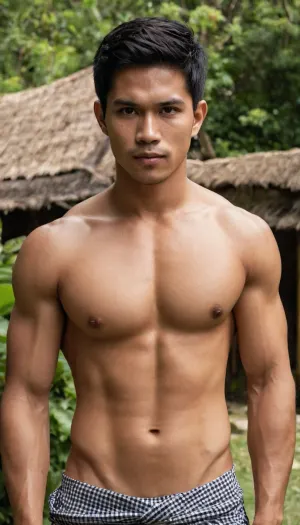 A man, 25 years old, Malay, handsome, mesomorph body type with chiseled chest, light skin, short black hair, shirtless, bodies glisten with sweat.

He is wearing a checkered sarong.

Striking confident poses.

In the village, on a sunny day.