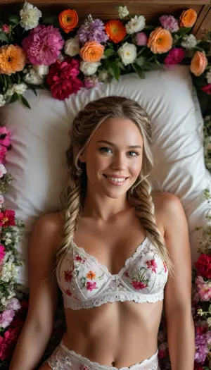 Ultrarealistic, 30 year old, (Hailey Grice:1.5), athletic physique, long braided hair, very large breasts, full makeup, smiling at viewer, perfect teeth, lying on a large bed of flowers. Hand behind her head, Wearing a floral lingerie. Excessive flowers. Flowers all over her, bouquets, dreamy, close up. Top angle. Dutch Angle., <lora:MJ52:.8>