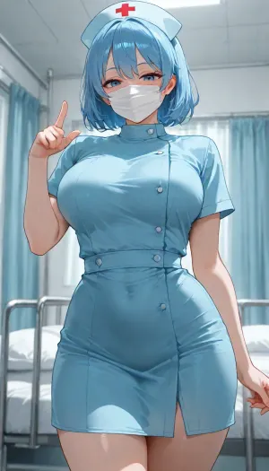 Female, solo, short height, light skin, blue hair, blue eyes, small boobs, wear blue coloured nurse dress, wearing mask, standing beside hospital bed, showing curves, pointing to a room at side, blushing, looking down at viewer on bed, in public, in hospital