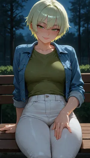 Female, solo, tomboy, fair skin, short height, short light green hair, freckles on face, big green eyes, wearing blue denim jacket with green shirt and white pants, small boobs, naughty smile, one hand on pant button, other hand pressing thigh, looking at viewer, sitting on bench, in park, at night, very low lighting