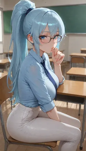 Female, solo, tall height, long light blue hair in high ponytail, blue eyes, wearing glasses, medium boobs, skinny body wearing blue full length shirt with deep blue tie and white pants, sitting on chair, no expression, bright classroom, in public, erotically sucking own thumb, looking at viewer beside her, blushing