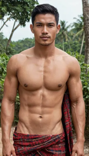 A man, 25 years old, Malay, handsome, chiseled muscular body, light skin, short black hair, shirtless, bodies glisten with sweat.

He is wearing a checkered sarong.

Striking confident poses.

In the village, on a sunny day.

There is a woman next to him, she is sucking his nipples.