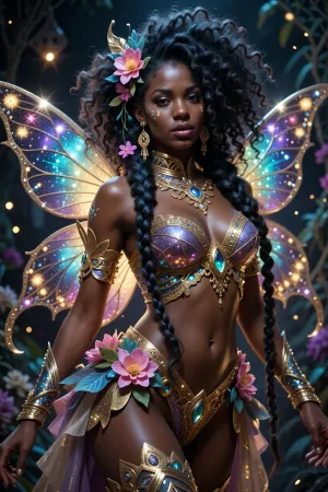 magical Nigerian fairy queen with long flowing tribal afro braids woven with glowing flowers. Wearing an enchanting fantasy carnival costume with sparkling butterfly wings and gold dust. Mystical atmosphere, hyper-detailed fantasy art style, vibrant colors, 4k.