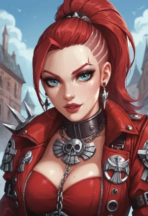 Silent sister Jenetia Krole of warhammer 40, crimson razor-cut ponytail