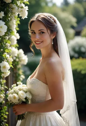 30 years old bride, well-built body, wide hips, thick waist, (5'-7" tall and 190lbs), smiling, white Wedding dress, Wedding veil, very Deep neckline, medium sized natural breasts, Flowers trellis, outside, sunny, <lora:MJ52:.8>