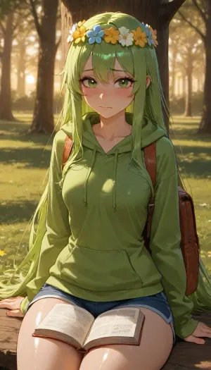 Female, princess, solo, skinny, medium height, long green hair, flower crown, wearing large loose green hoodie and blue shorts, small boobs, big green eyes, shiny eyes, sitting under tree, in park, evening, small backpack beside her, funny scared, flustered, book on lap, thick thighs, looking at viewer