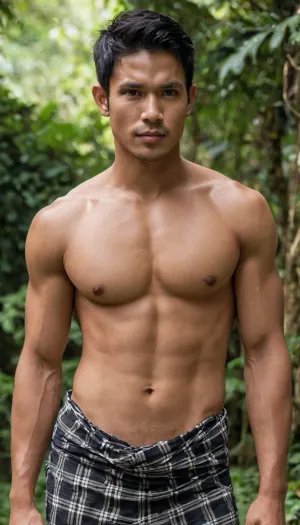 A man, 25 years old, Malay, handsome, mesomorph body type with chiseled chest, light skin, short black hair, shirtless, bodies glisten with sweat.

He is wearing a checkered sarong.

Striking confident poses.

In the village, on a sunny day.
