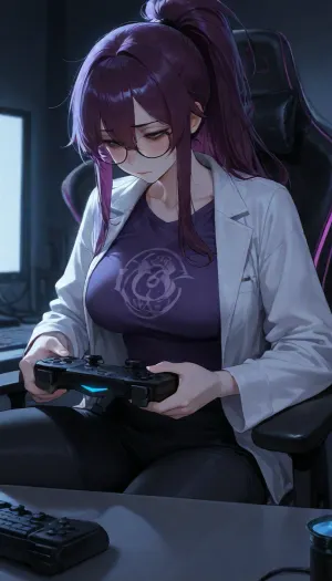 Female, solo, medium height, very skinny, very pale light skin, purple hair, tired, bags under eyes, glasses, wearing large lab coat and purple t shirt with black pants, medium boobs, long hair tied in ponytail, sitting in gaming chair, playing games, controller in hand, blush, no expression, dim lit room, rgb lights in corner