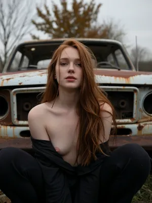 close-up of a young woman as squats facing the viewer, clothing loose and open, expression distant and languid, long redhead hair loose and windswept, black clothing dissolving into the dark foreground, An old rusted abandoned car, the car heavily rusted, pale paint peeling, the car filling the background behind her, overcast flat grey sky, bare autumn trees dissolving into soft bokeh, cool and muted tones, rust and pale grey palette, analogue film, heavy grain, scratches and film imperfections, Kodak Portra 400 underexposed, cool and melancholic, shallow depth of field, the woman sharp against the soft dissolved background, quietly devastated, the rusted car as metaphor.