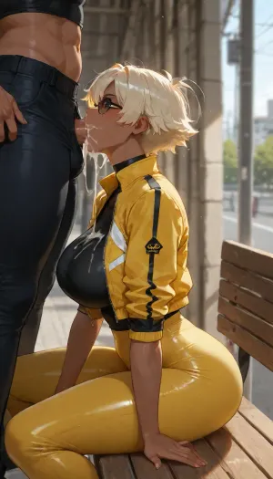 Female, solo, very tall, muscular, tomboy, dark skin, wearing yellow jacket with black tight shirt and yellow pants, long puffy blond hair, dark glasses, in public, on bench, deep throat blowjob, cum inside, excessive cum, cum leak, side view
