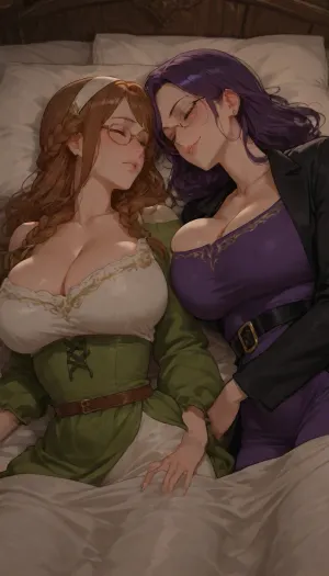 Lesbian couple, two human females, female 1 and female 2.
Female 1, Female, milf married, beautiful fair skin, beautiful loose green medieval dress, medium boobs, long brown hair tied in braids, in grassy plain, lying on bed, eyes on female 2, satisfied smile.
Female 2, milf, very tall height, light skin, boss lady, wearing black coat, glasses, purple hair with white hair band, sleeping on bed, blushing, medium cleavage, deep sleep, snoring, drooling, huge boob. no sex, Lying next to each other in bed, in bedroom, female 2 patting female 1 head, looking at each other