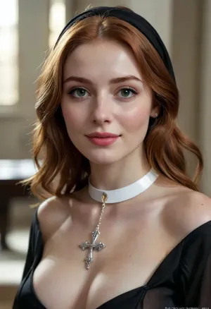 masterpiece, best quality, ultra detailed, photorealistic, 8k raw photo, beautiful 25 year old woman, mature young adult face, attractive feminine features, sharp jawline, full lips, seductive charming smile, long flowing redhead hair.
slender yet curvy body, elegant silhouette, large natural breasts, wearing a sexy modernized black nun habit with deep cleavage, white collar, golden cross necklace, habit with revealing cutouts on the sides of the hips, . They are wearing a black nun's habit with a white collar, which contrasts beautifully with their clear and luminous complexion. A golden cross hangs around their neck, adding a spiritual dimension to their appearance. The outfit is modernized with cutouts on the sides of the hips, adding an elegant touch to the traditional, CharacterDesignFLUX, reference, sheet, white, background, simple, multiple, views, upper, body, front, from, side, color, palette, high_detailed, captured, in, high, detail, magic, particles, references, sideboob, 古典, 罗马, <lora:style_lora_realis:.5>, <lora:2BoutOvalSDXL2-000002:.5>