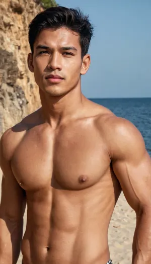 A man, 25 years old, young, Malay, handsome, muscular physique with a chiseled chest, mesomorph body type, fair-skinned, black hair, short hair, his body glistens with sweat, shirtless.

Wearing a checkered sarong.

Confident facial expression.

In a village, on a sunny day.