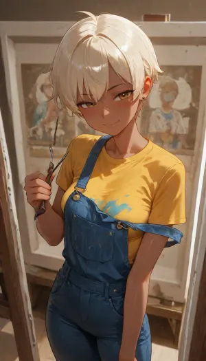 Female, solo, medium height, skinny, tomboy, dark skin, wearing blue denim overalls and yellow t shirt underneath, small boobs, short blond hair, painting on canvas, brush in hand, paint on cloths, small earrings, in small room, surrounded by canvas paintings, alone, behind canvas, winking, shy smile, looking at viewer