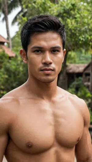 A man, 25 years old, Malay, handsome, mesomorph body type with chiseled chest, light skin, short black hair, shirtless, bodies glisten with sweat.

He is wearing a checkered sarong.

Striking confident poses.

In the village, on a sunny day.