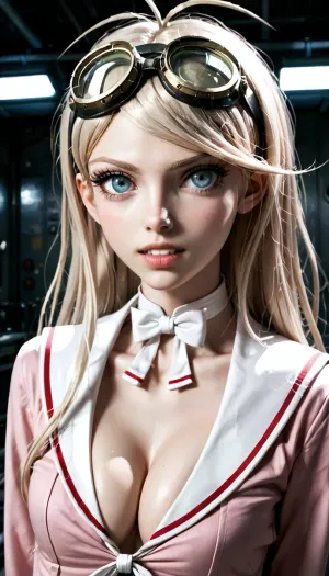 (iruma miu, danganronpa, (series), , , danganronpa v3, killing harmony, small breasts, 1girl, goggles, goggles on head, cleavage, blonde hair, choker, long hair, solo, big round blue eyes, flat breasts, hair between eyes, black choker, school uniform, sailor collar, shirt, pink shirt, looking at viewer, antenna hair, teeth, no dickey, collarbone, white sailor collar, upper body, serafuku, parted lips, eyelashes, bow, bowtie, highres:1), (extremely hughe cleavage, ultra skinny, deep neckline:1.4), Danganronpa V3 Ultimate Academy workshop, futuristic industrial laboratory, mechanical equipment, scattered tools, metal workbenches, cables, dim industrial lighting, dark metallic interior