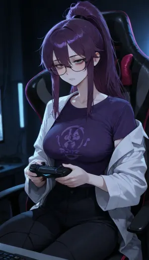 Female, solo, medium height, very skinny, very pale light skin, purple hair, tired, bags under eyes, glasses, wearing large lab coat and purple t shirt with black pants, medium boobs, long hair tied in ponytail, sitting in gaming chair, playing games, controller in hand, blush, no expression, dim lit room, rgb lights in corner