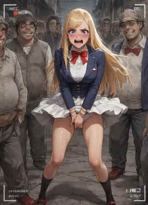 Nsfw, gangbang, enf, perfect face, masterpiece, (big eyes:1.2), (the girl is grabbing crotch:1.4), ((the girl is 18 Years old French girl dressed in white panties and mini white skirt and Navy blue blazer and white shirt and red bow tie and Black socks and red shoes and Silver ring bracelet), , , wind:1.4), lift skirt, blue eyes, (blonde hair:1.3), (forehead:1.3), (swept bangs:1.4), long hair, (natural straight hair:1.3), (blushing:1.2), (crying:1.4), (angry:1.2), (scream:1.2), open mouth, shouting, French face, furrowed brow, (medium breast), standing, (open legs:1.3), long shot, city street, (recording:1.2), (homeless man:1.6), (homeless oldmen crowd:1.4), (scared Up skirt:1.4), (the smiling man is dressed suit:1.7)