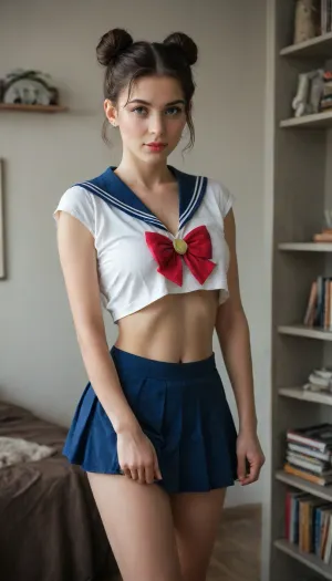 photorealistic young adult woman, dark brown hair in a messy high bun with loose strands, fair skin, tongue sticking out, looking slightly upward, sailor moon inspired cosplay, blue sailor collar with white stripes, large red bow with yellow heart center, white crop top, blue pleated mini skirt with white trim, standing with both hands holding the red bow, indoor room with shelves of colorful collectible figures, soft lighting, highly detailed skin texture, sharp focus, realistic