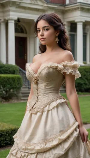 shallow depth of field, 85mm lens, ((18-year-old)), beautiful, athletic, (young), (Latina girl:1.6), ((black eye shadow)), ((Blunt Bangs brunette hair)), ((tight large breasts)), (exposed breasts:1.6), (Victorian opulent court dress:1.6), (walking in Victorian mansion gardens:1.6), direct eye contact, warm glow, cinematic atmosphere