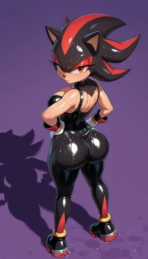 Ultra realistic 8k full HD., ((Genderbent Shadow the Hedgehog:1.7)), 1girl, solo, black fur, fur all over body, (Anthro furry), (furry art), (Shadow the hedgehog), (Shadow the hedgehog Hair), ((wearing Rouge the Bats iconic outfit:1.7)), view from above, hands on hips, (shiny oiled skin:1.3), (massive ass:1.2), Pose, standing in the water, torso arched, uberfit, muscular, athletic, <lora:uberfit_lora_sdxl:.8>, <lora:Spread_Ass__XL:.8>